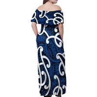 Aotearoa Maori Kowhaiwhai Family Matching Off Shoulder Maxi Dress and Hawaiian Shirt Kikorangi Puhoro and Patiki