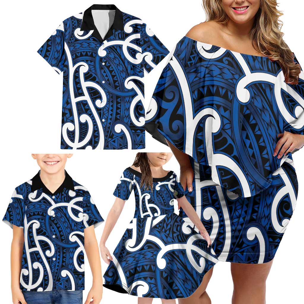 Aotearoa Maori Kowhaiwhai Family Matching Off Shoulder Short Dress and Hawaiian Shirt Kikorangi Puhoro and Patiki