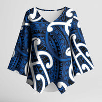 Aotearoa Maori Kowhaiwhai Kimono Sleeve Blouse Kikorangi Puhoro and Patiki LT9 Female Blue - Polynesian Pride