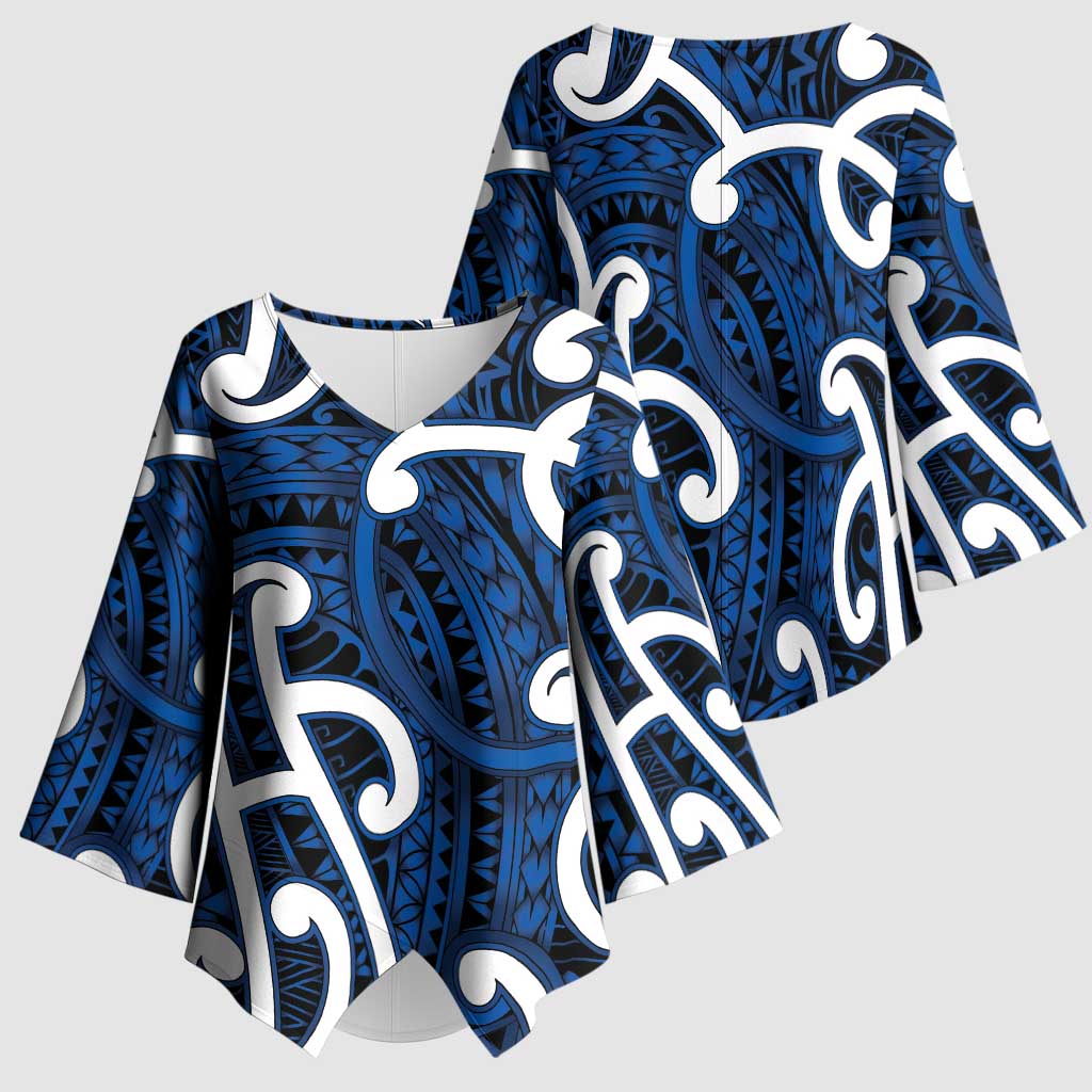 Aotearoa Maori Kowhaiwhai Kimono Sleeve Blouse Kikorangi Puhoro and Patiki LT9 - Polynesian Pride
