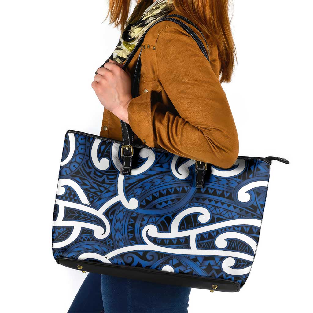 Aotearoa Maori Kowhaiwhai Leather Tote Bag Kikorangi Puhoro and Patiki LT9 Blue - Polynesian Pride