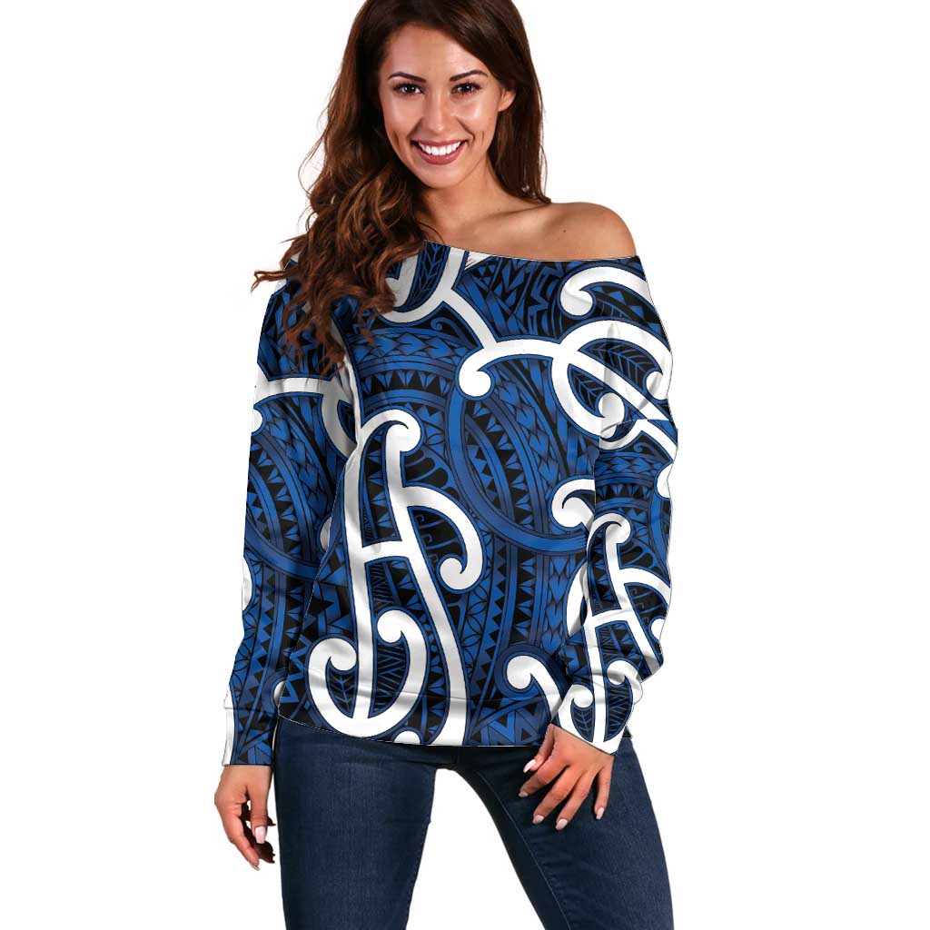 Aotearoa Maori Kowhaiwhai Off Shoulder Sweater Kikorangi Puhoro and Patiki LT9 Women Blue - Polynesian Pride
