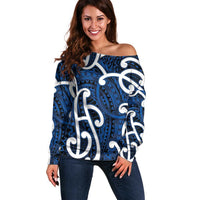 Aotearoa Maori Kowhaiwhai Off Shoulder Sweater Kikorangi Puhoro and Patiki LT9 Women Blue - Polynesian Pride