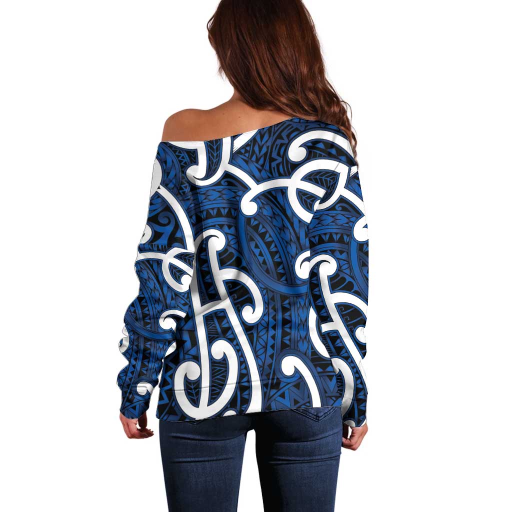 Aotearoa Maori Kowhaiwhai Off Shoulder Sweater Kikorangi Puhoro and Patiki LT9 - Polynesian Pride