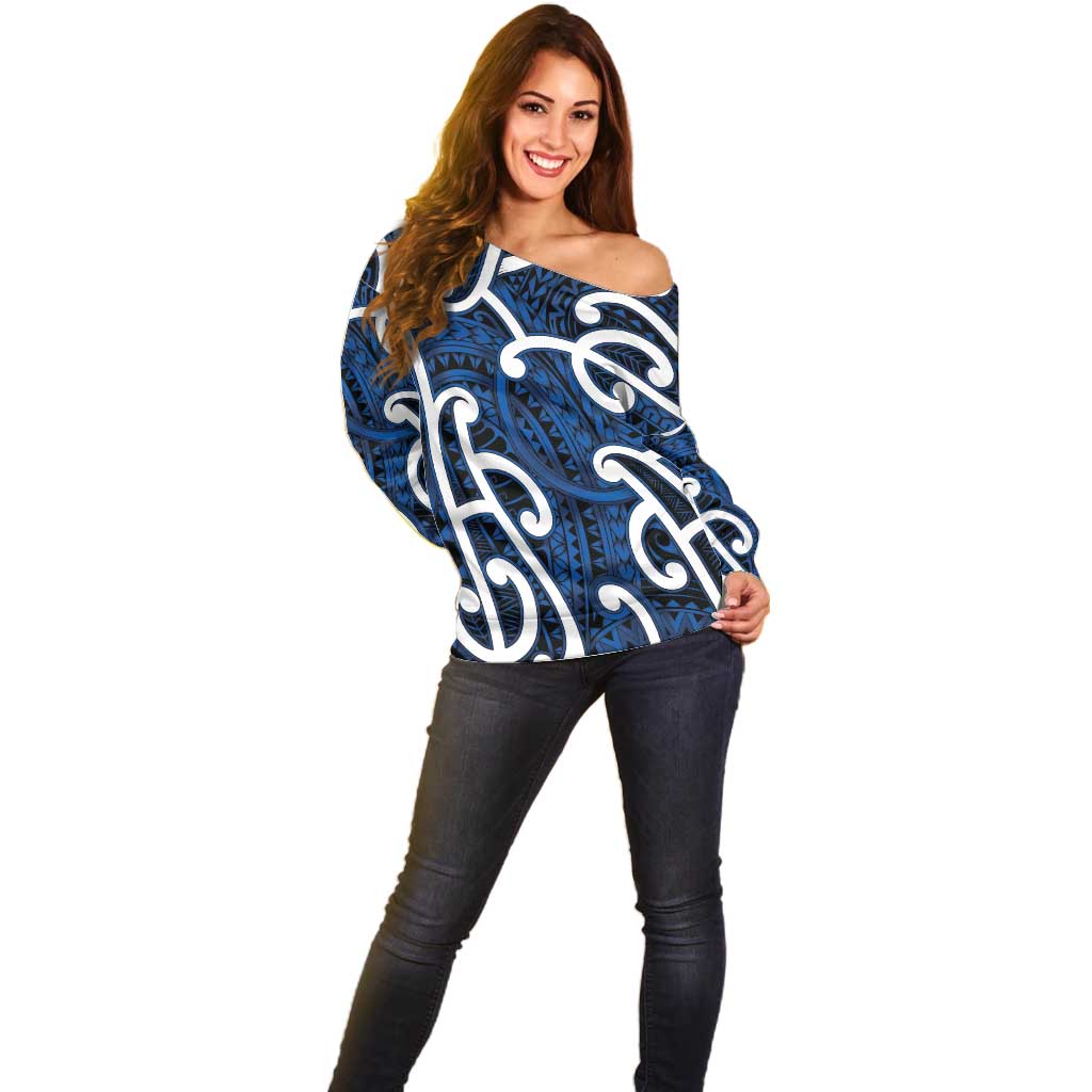 Aotearoa Maori Kowhaiwhai Off Shoulder Sweater Kikorangi Puhoro and Patiki LT9 - Polynesian Pride