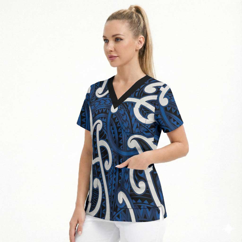 Aotearoa Maori Kowhaiwhai Scrub Top Kikorangi Puhoro and Patiki LT9 - Polynesian Pride