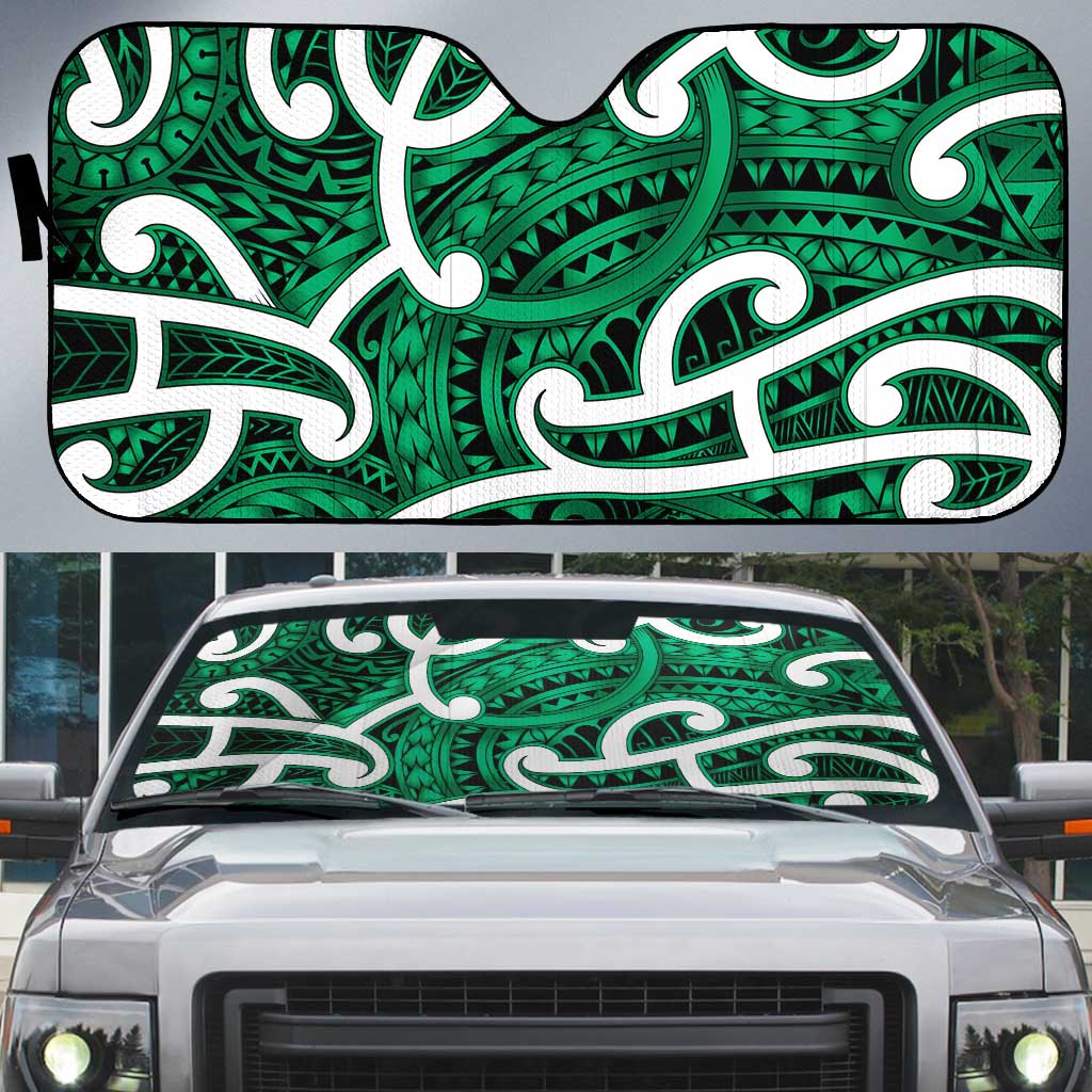 Aotearoa Maori Kowhaiwhai Auto Sun Shade Kakariki Puhoro and Patiki LT9 Green - Polynesian Pride