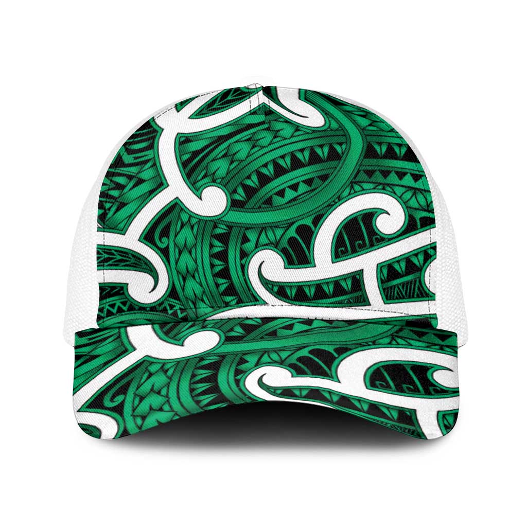 Aotearoa Maori Kowhaiwhai Baseball Net Cap Kakariki Puhoro and Patiki LT9 One Size White Green - Polynesian Pride