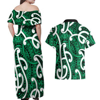 Aotearoa Maori Kowhaiwhai Couples Matching Off Shoulder Maxi Dress and Hawaiian Shirt Kakariki Puhoro and Patiki