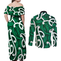 Aotearoa Maori Kowhaiwhai Couples Matching Off Shoulder Maxi Dress and Long Sleeve Button Shirt Kakariki Puhoro and Patiki