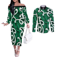 Aotearoa Maori Kowhaiwhai Couples Matching Off The Shoulder Long Sleeve Dress and Long Sleeve Button Shirt Kakariki Puhoro and Patiki