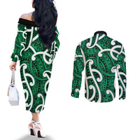 Aotearoa Maori Kowhaiwhai Couples Matching Off The Shoulder Long Sleeve Dress and Long Sleeve Button Shirt Kakariki Puhoro and Patiki