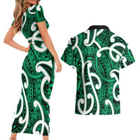 Aotearoa Maori Kowhaiwhai Couples Matching Short Sleeve Bodycon Dress and Hawaiian Shirt Kakariki Puhoro and Patiki