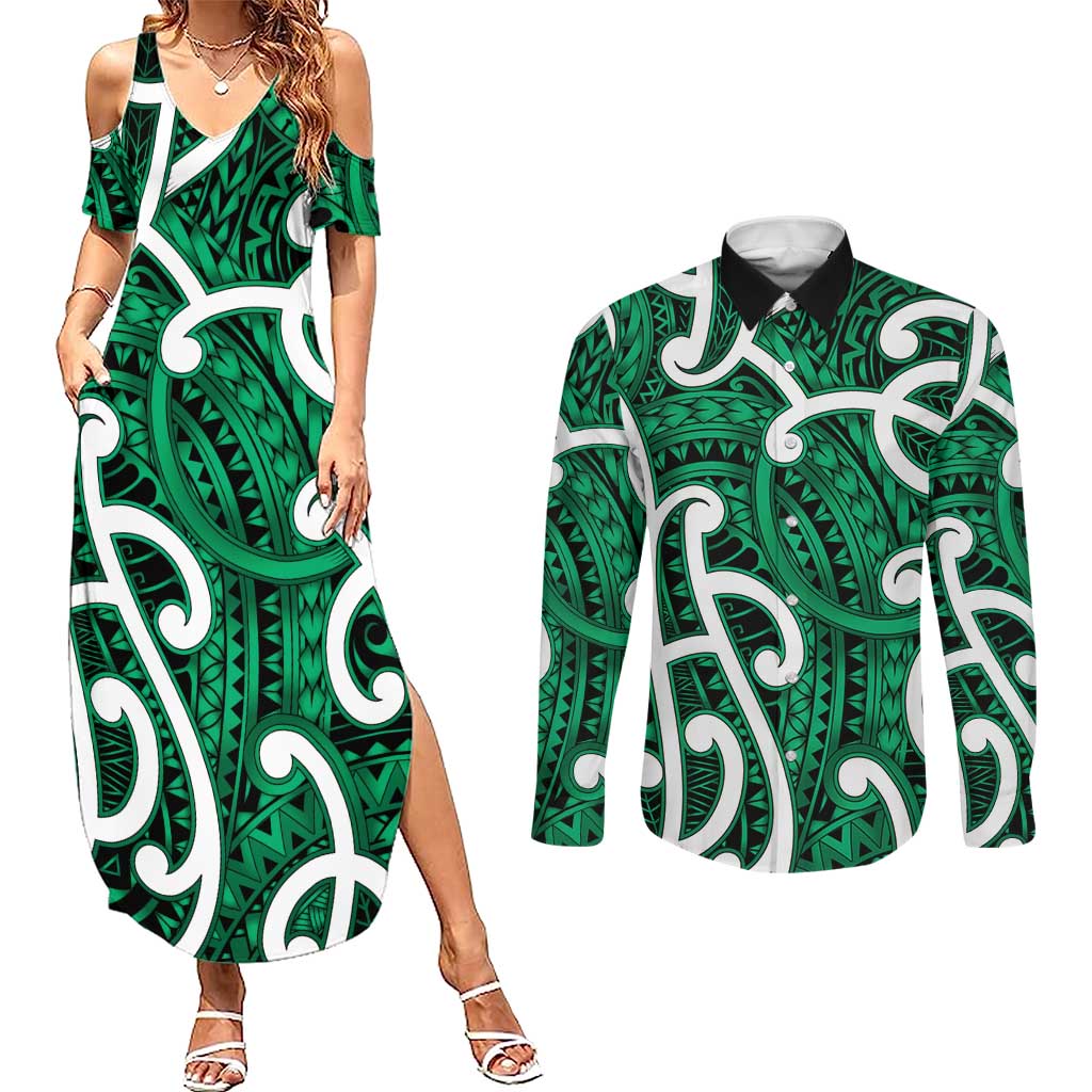 Aotearoa Maori Kowhaiwhai Couples Matching Summer Maxi Dress and Long Sleeve Button Shirt Kakariki Puhoro and Patiki