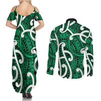 Aotearoa Maori Kowhaiwhai Couples Matching Summer Maxi Dress and Long Sleeve Button Shirt Kakariki Puhoro and Patiki