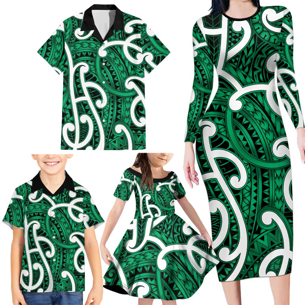 Aotearoa Maori Kowhaiwhai Family Matching Long Sleeve Bodycon Dress and Hawaiian Shirt Kakariki Puhoro and Patiki LT9 - Polynesian Pride