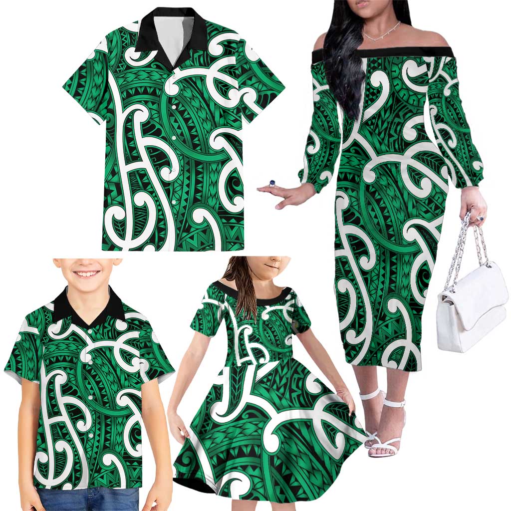 Aotearoa Maori Kowhaiwhai Family Matching Off The Shoulder Long Sleeve Dress and Hawaiian Shirt Kakariki Puhoro and Patiki LT9 - Polynesian Pride
