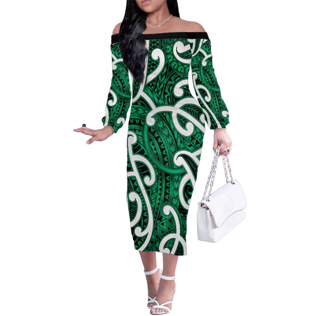 Aotearoa Maori Kowhaiwhai Family Matching Off The Shoulder Long Sleeve Dress and Hawaiian Shirt Kakariki Puhoro and Patiki