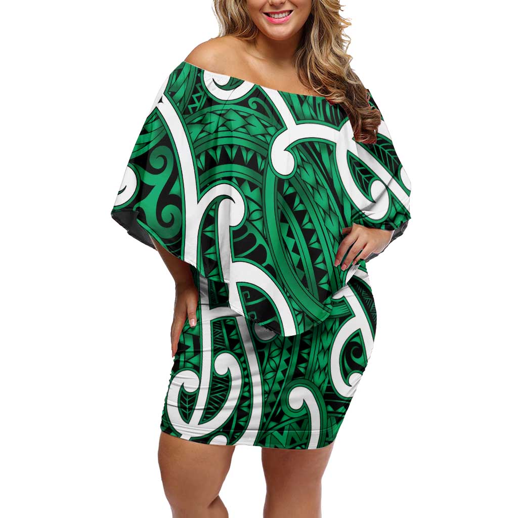 Aotearoa Maori Kowhaiwhai Family Matching Off Shoulder Short Dress and Hawaiian Shirt Kakariki Puhoro and Patiki