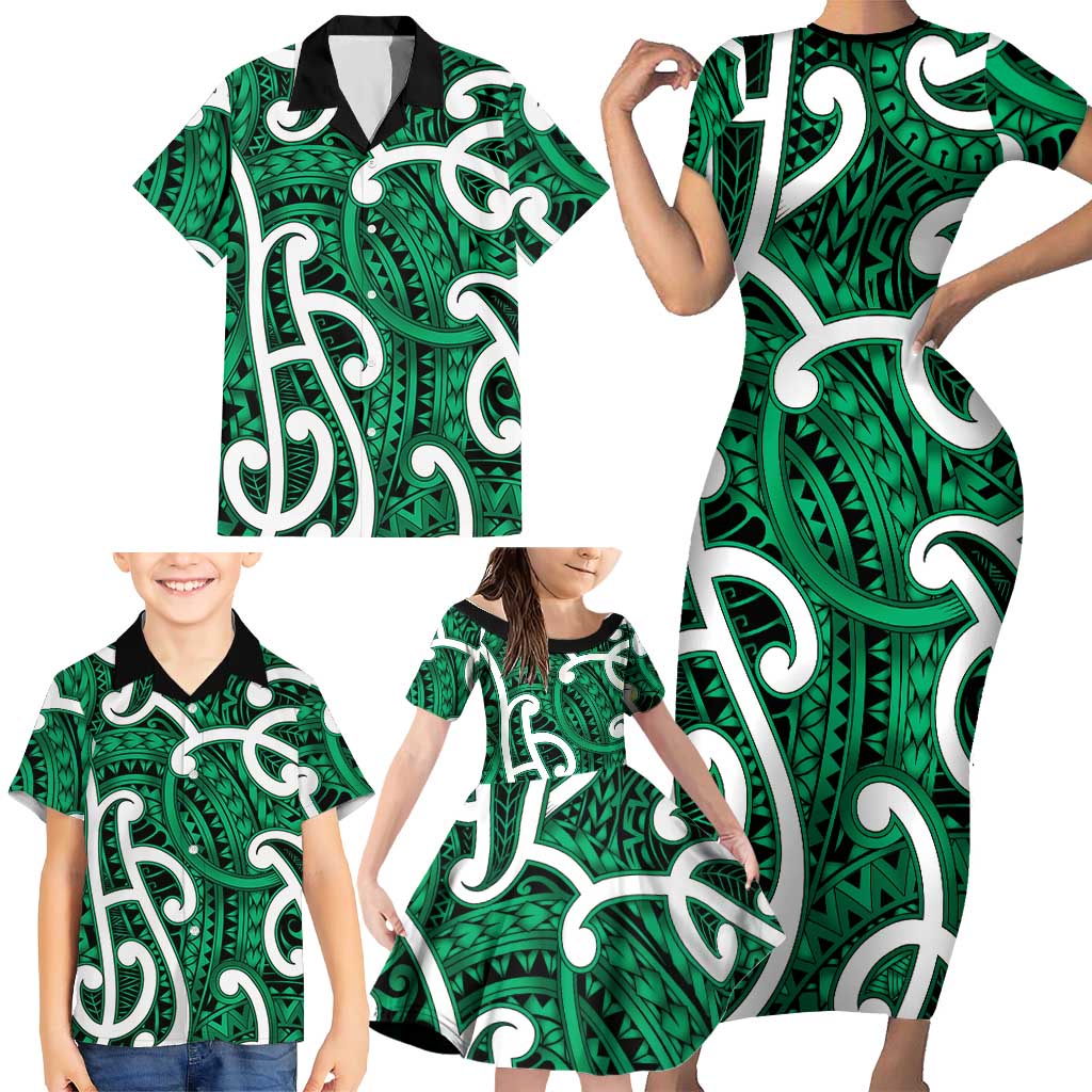 Aotearoa Maori Kowhaiwhai Family Matching Short Sleeve Bodycon Dress and Hawaiian Shirt Kakariki Puhoro and Patiki LT9 - Polynesian Pride
