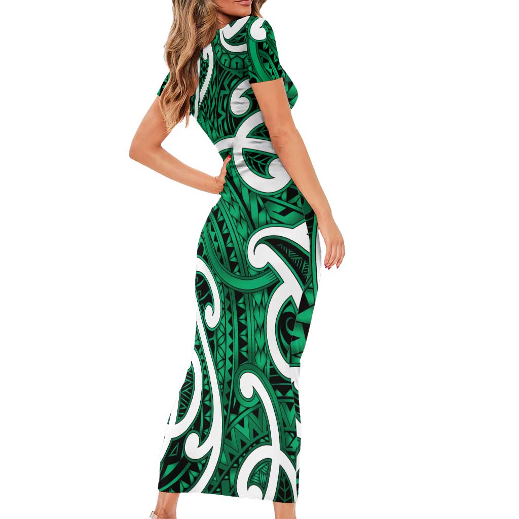 Aotearoa Maori Kowhaiwhai Family Matching Short Sleeve Bodycon Dress and Hawaiian Shirt Kakariki Puhoro and Patiki