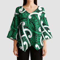 Aotearoa Maori Kowhaiwhai Kimono Sleeve Blouse Kakariki Puhoro and Patiki