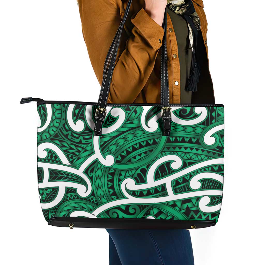 Aotearoa Maori Kowhaiwhai Leather Tote Bag Kakariki Puhoro and Patiki LT9 - Polynesian Pride