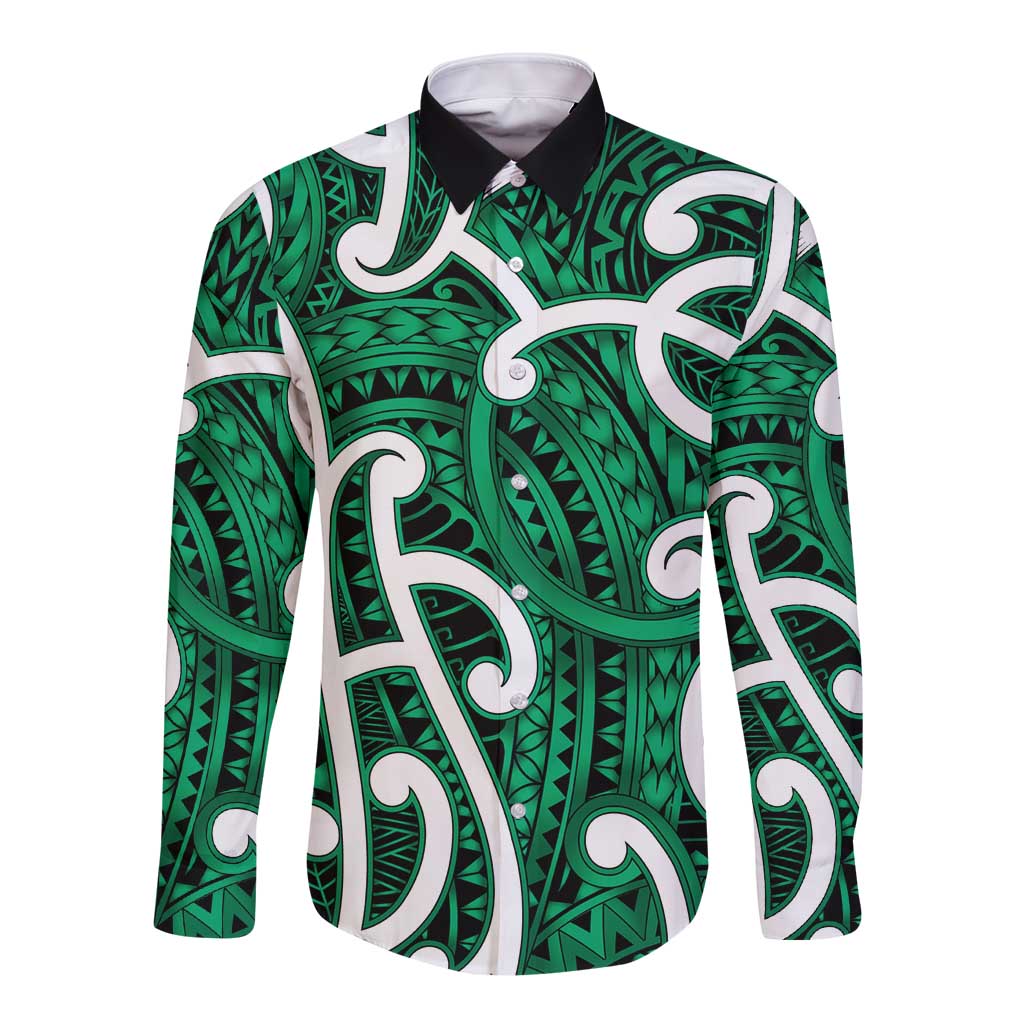 Aotearoa Maori Kowhaiwhai Long Sleeve Button Shirt Kakariki Puhoro and Patiki LT9 Unisex Green - Polynesian Pride