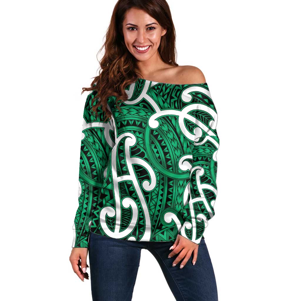 Aotearoa Maori Kowhaiwhai Off Shoulder Sweater Kakariki Puhoro and Patiki LT9 Women Green - Polynesian Pride