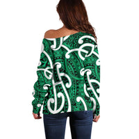 Aotearoa Maori Kowhaiwhai Off Shoulder Sweater Kakariki Puhoro and Patiki LT9 - Polynesian Pride