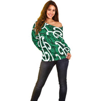 Aotearoa Maori Kowhaiwhai Off Shoulder Sweater Kakariki Puhoro and Patiki LT9 - Polynesian Pride