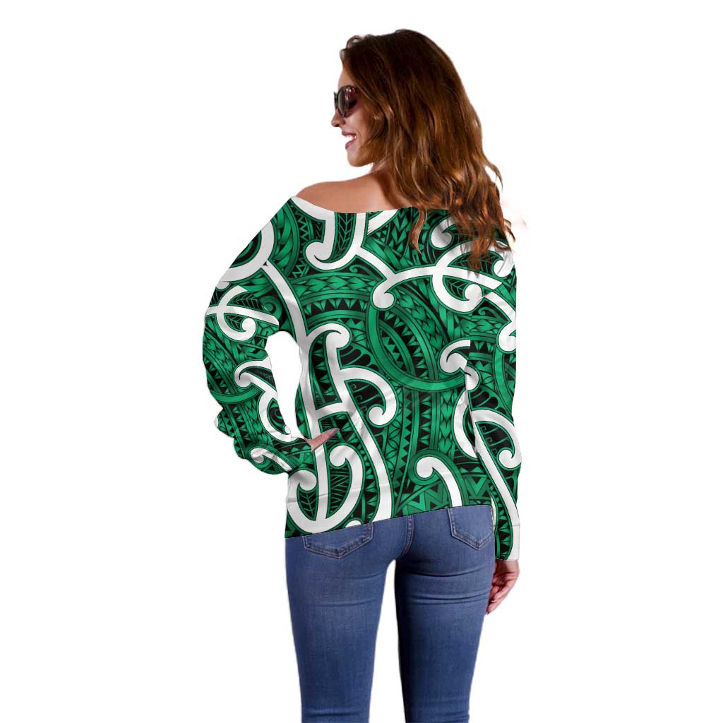 Aotearoa Maori Kowhaiwhai Off Shoulder Sweater Kakariki Puhoro and Patiki LT9 - Polynesian Pride