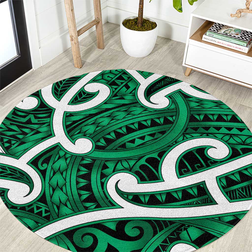 Aotearoa Maori Kowhaiwhai Round Carpet Kakariki Puhoro and Patiki LT9 Green - Polynesian Pride