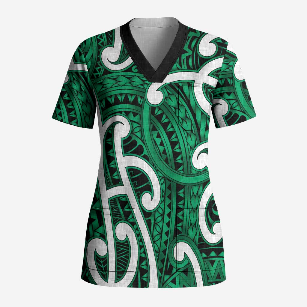 Aotearoa Maori Kowhaiwhai Scrub Top Kakariki Puhoro and Patiki LT9 Adult Green - Polynesian Pride