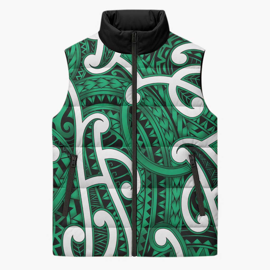 Aotearoa Maori Kowhaiwhai Sleeveless Puffer Jacket Kakariki Puhoro and Patiki LT9 Unisex Green - Polynesian Pride