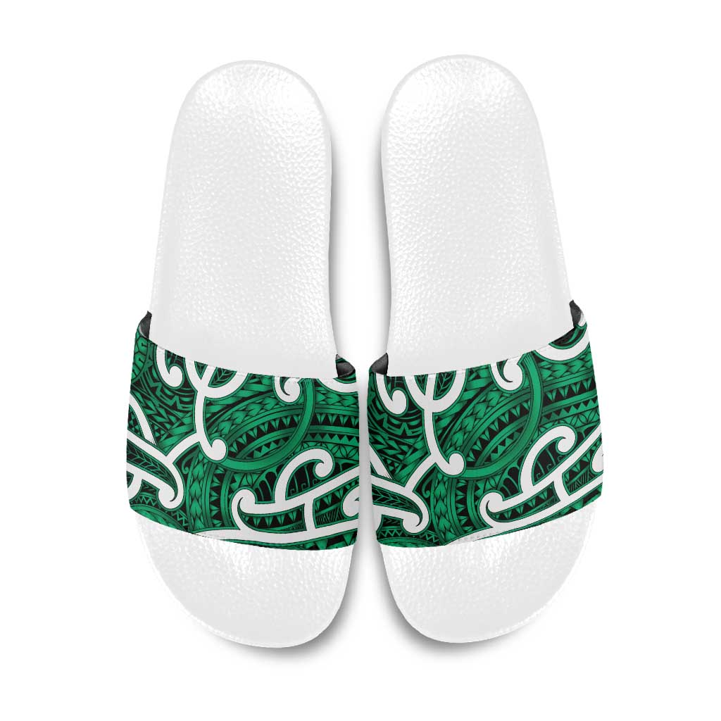 Aotearoa Maori Kowhaiwhai Slide Sandals Kakariki Puhoro and Patiki LT9 Green - Polynesian Pride