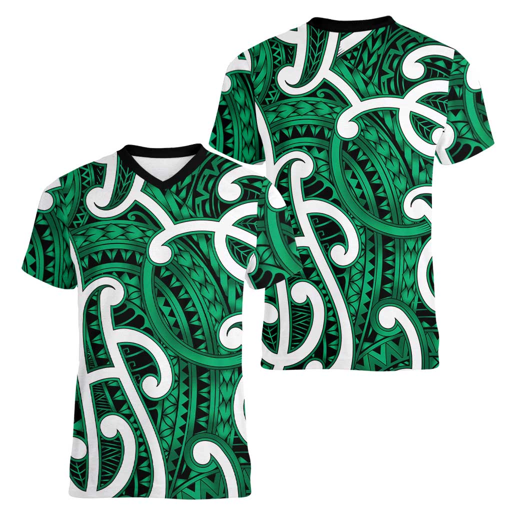 Aotearoa Maori Kowhaiwhai Women V-Neck T-Shirt Kakariki Puhoro and Patiki