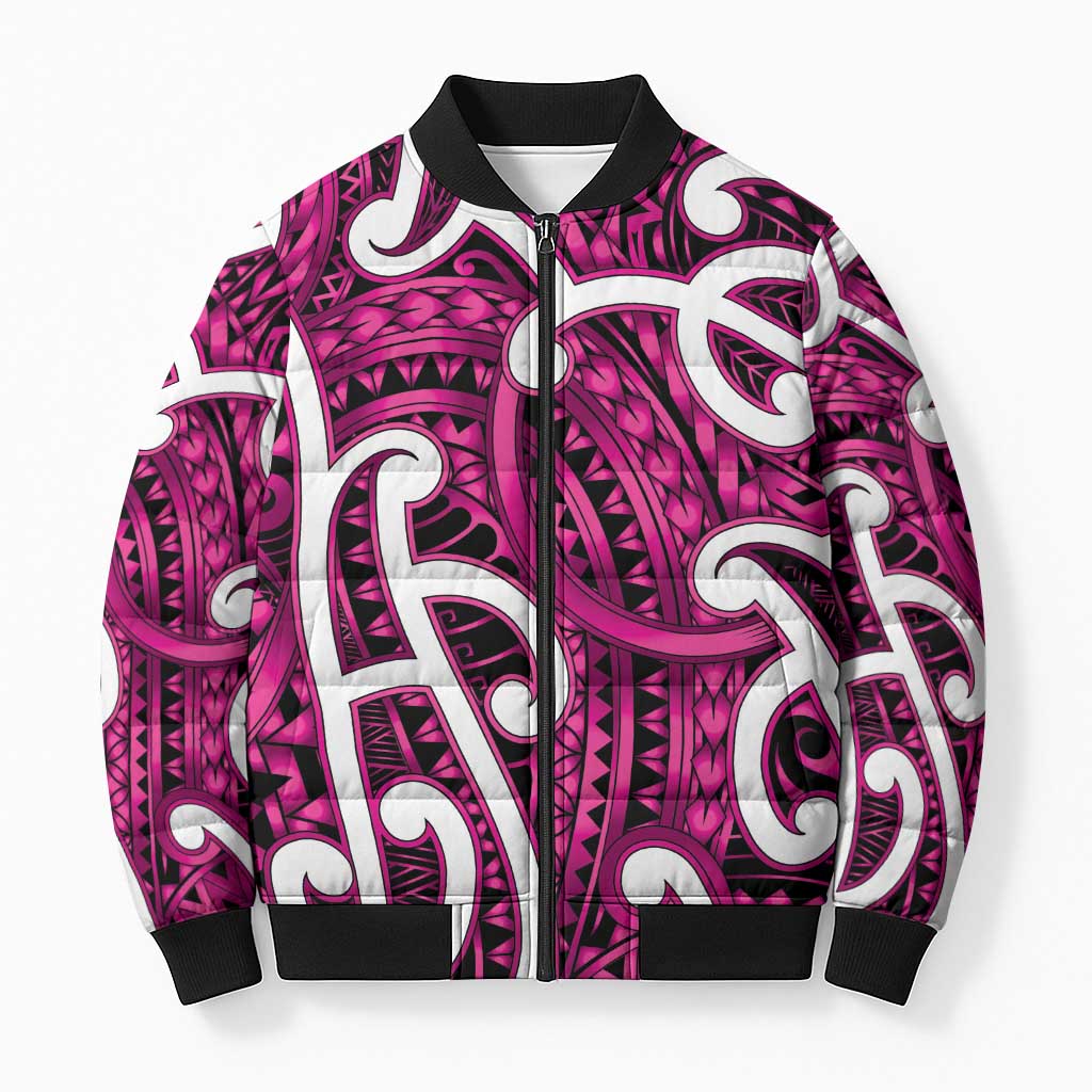 Aotearoa Maori Kowhaiwhai Bomber Puffer Jacket Mawhero Puhoro and Patiki LT9 Unisex Pink - Polynesian Pride