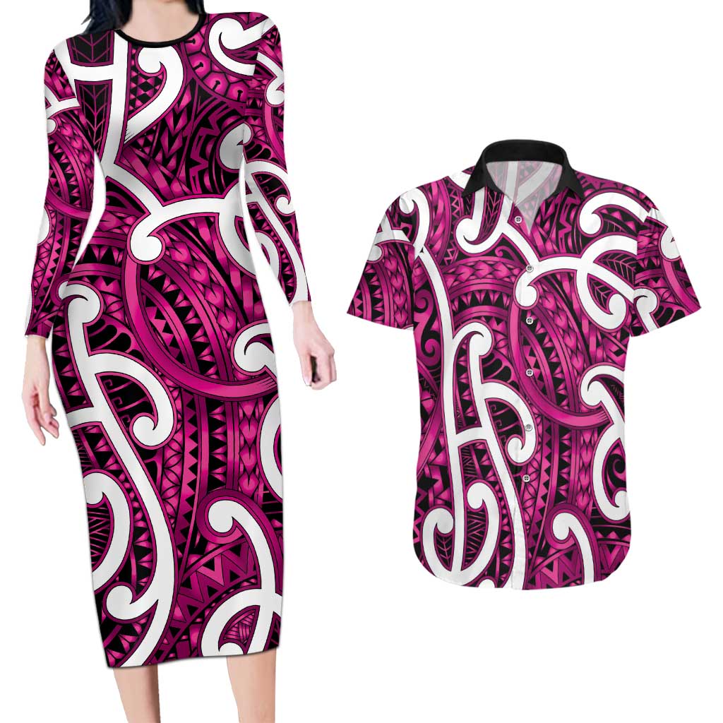 Aotearoa Maori Kowhaiwhai Couples Matching Long Sleeve Bodycon Dress and Hawaiian Shirt Mawhero Puhoro and Patiki LT9 Pink - Polynesian Pride
