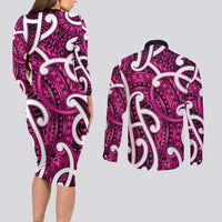 Aotearoa Maori Kowhaiwhai Couples Matching Long Sleeve Bodycon Dress and Long Sleeve Button Shirt Mawhero Puhoro and Patiki