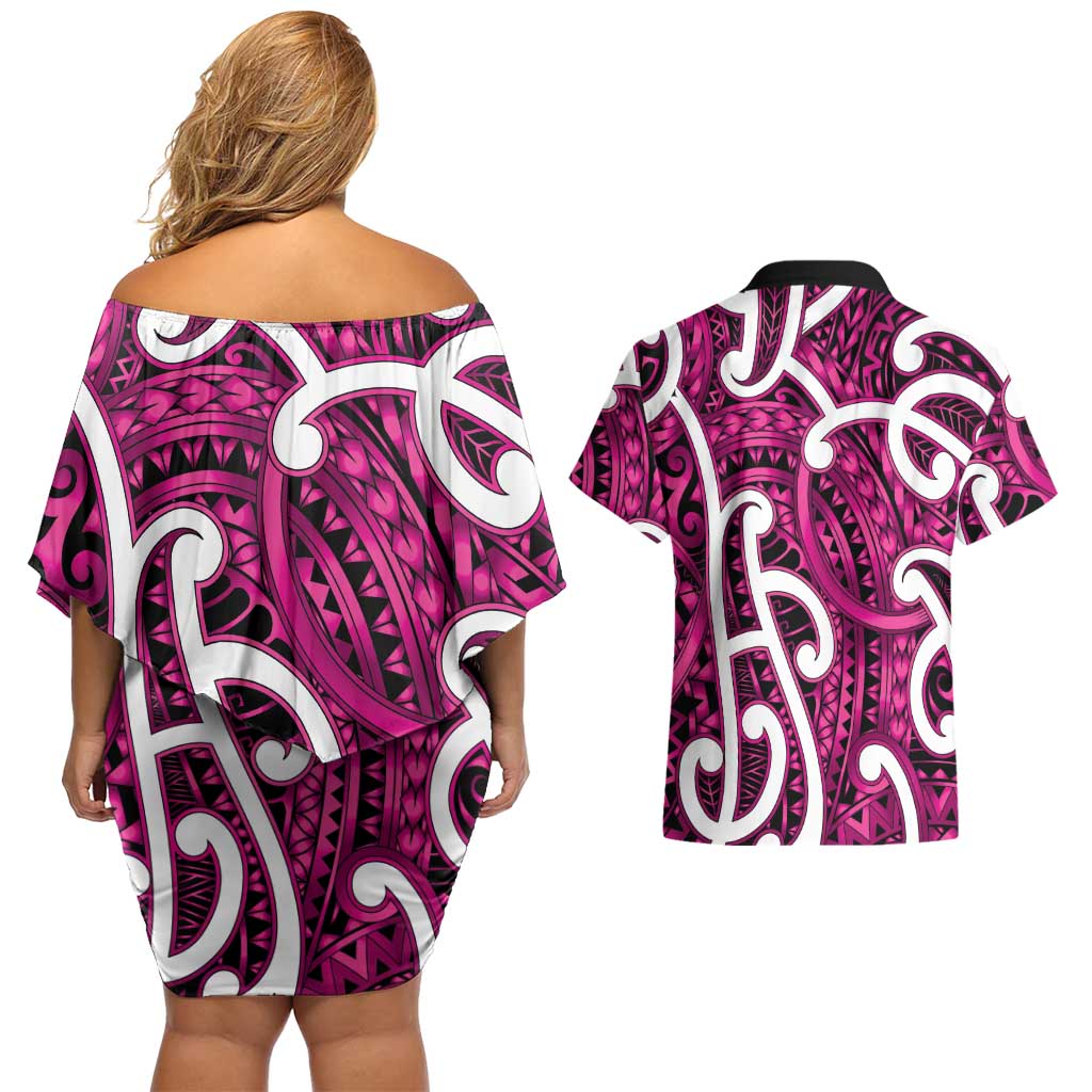 Aotearoa Maori Kowhaiwhai Couples Matching Off Shoulder Short Dress and Hawaiian Shirt Mawhero Puhoro and Patiki