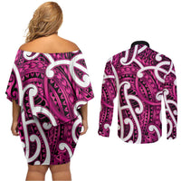 Aotearoa Maori Kowhaiwhai Couples Matching Off Shoulder Short Dress and Long Sleeve Button Shirt Mawhero Puhoro and Patiki