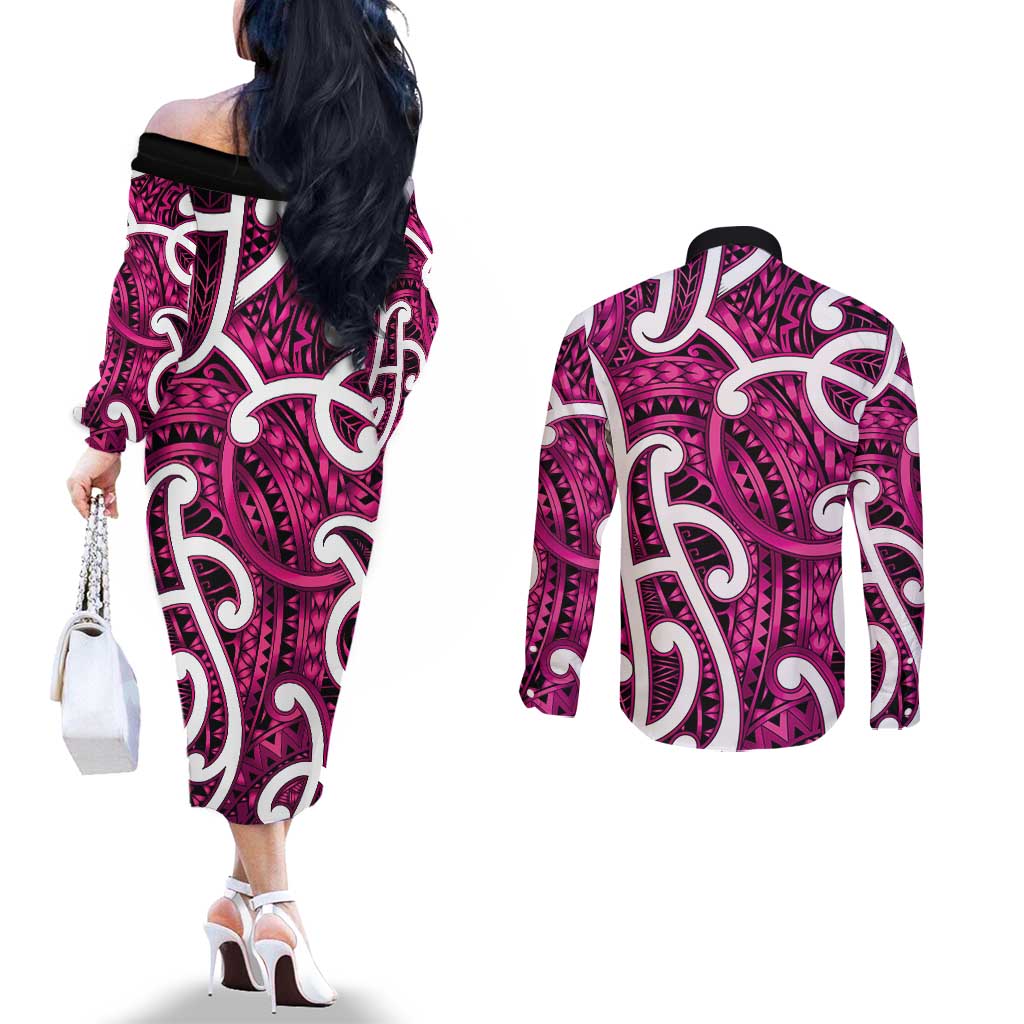 Aotearoa Maori Kowhaiwhai Couples Matching Off The Shoulder Long Sleeve Dress and Long Sleeve Button Shirt Mawhero Puhoro and Patiki
