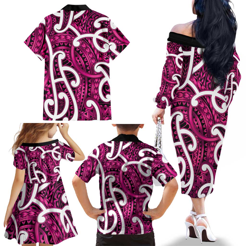 Aotearoa Maori Kowhaiwhai Family Matching Off The Shoulder Long Sleeve Dress and Hawaiian Shirt Mawhero Puhoro and Patiki