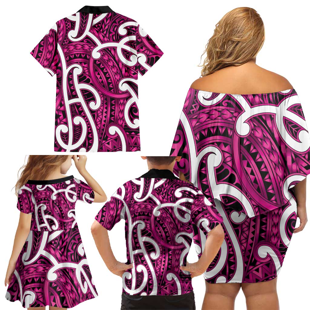 Aotearoa Maori Kowhaiwhai Family Matching Off Shoulder Short Dress and Hawaiian Shirt Mawhero Puhoro and Patiki