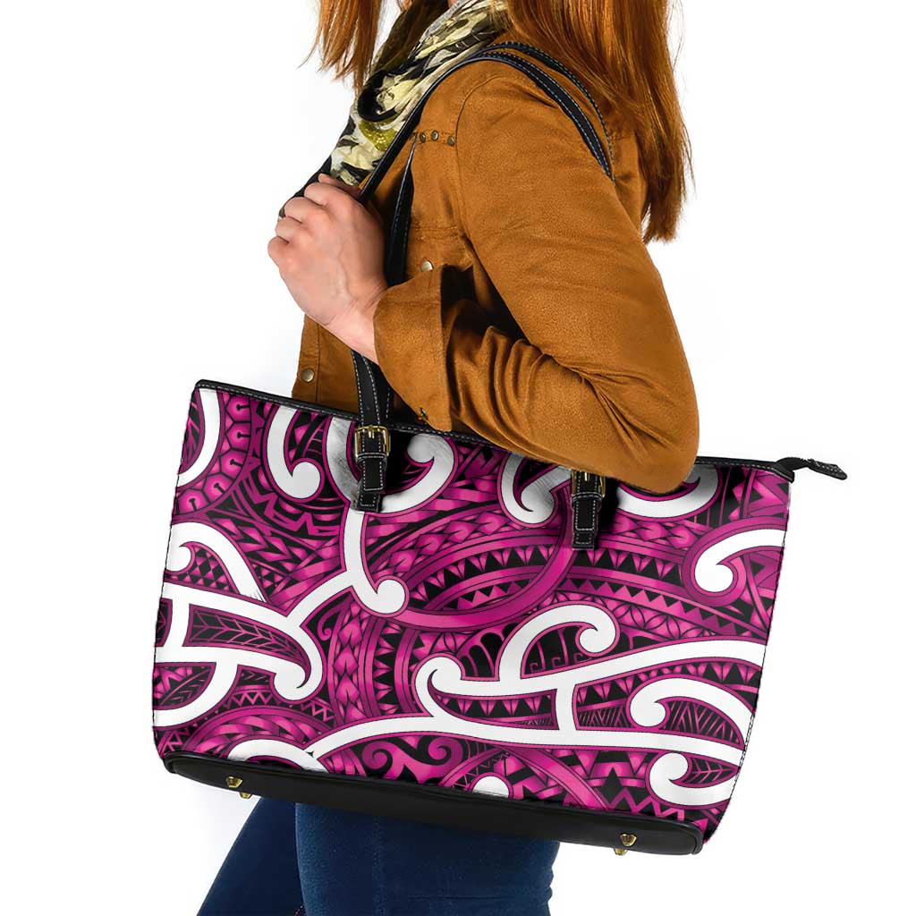 Aotearoa Maori Kowhaiwhai Leather Tote Bag Mawhero Puhoro and Patiki LT9 Pink - Polynesian Pride