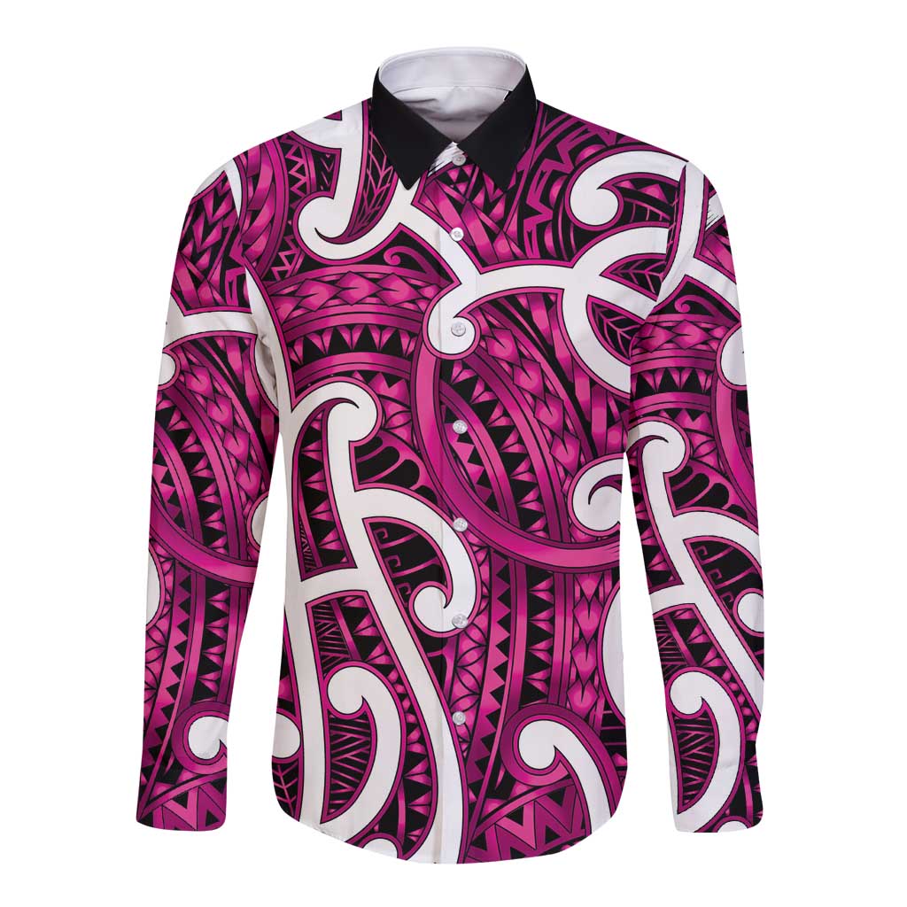 Aotearoa Maori Kowhaiwhai Long Sleeve Button Shirt Mawhero Puhoro and Patiki LT9 Unisex Pink - Polynesian Pride