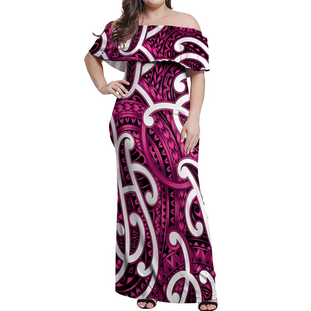 Aotearoa Maori Kowhaiwhai Off Shoulder Maxi Dress Mawhero Puhoro and Patiki LT9 Women Pink - Polynesian Pride