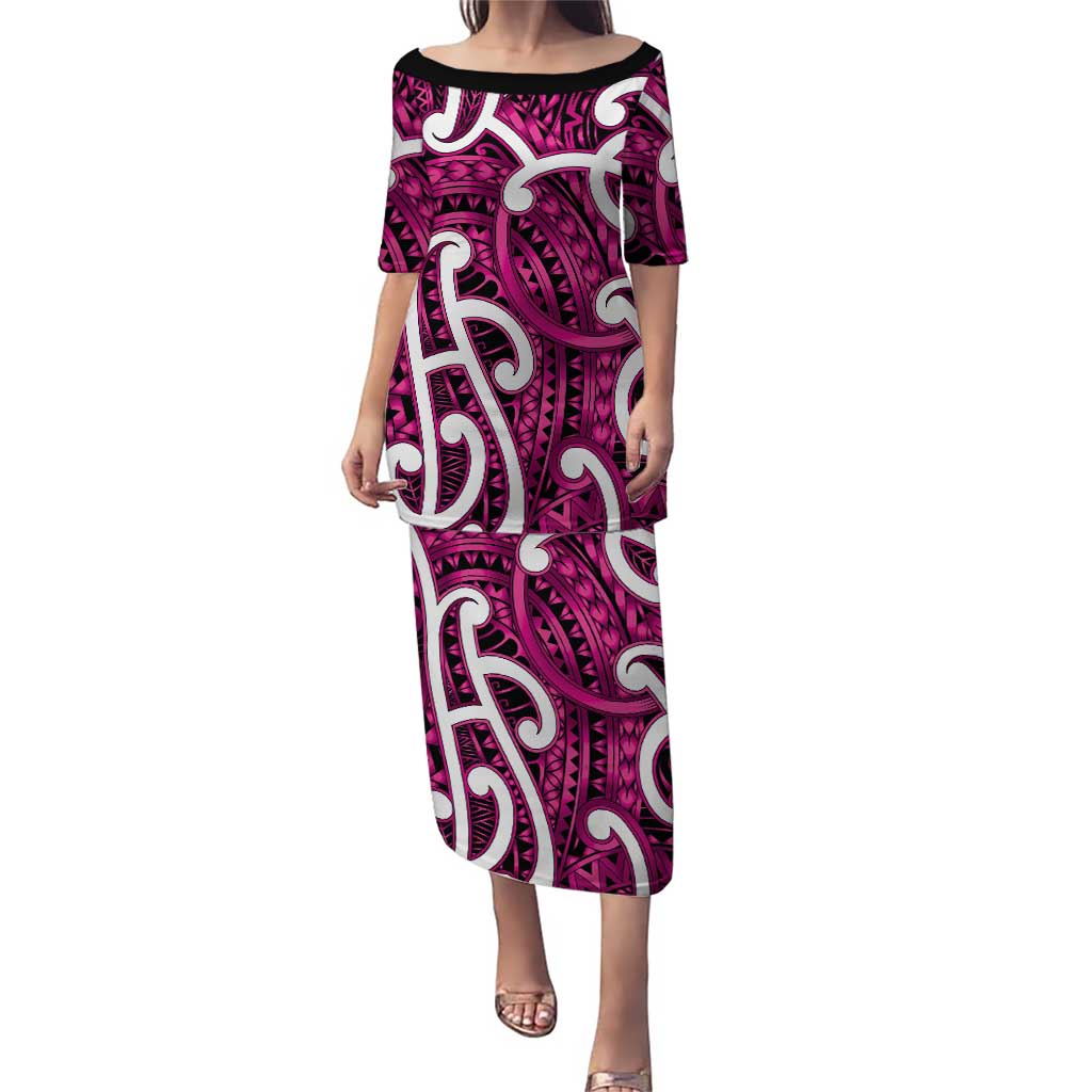 Aotearoa Maori Kowhaiwhai Puletasi Mawhero Puhoro and Patiki LT9 Long Dress Pink - Polynesian Pride
