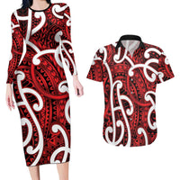 Aotearoa Maori Kowhaiwhai Couples Matching Long Sleeve Bodycon Dress and Hawaiian Shirt Whero Puhoro and Patiki